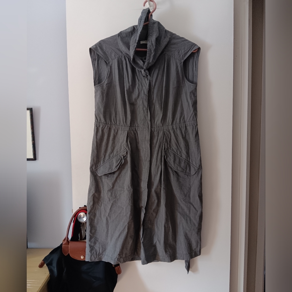 DRIES VAN NOTEN Grey Cotton Utility Funnel Neck Belted Dress 36